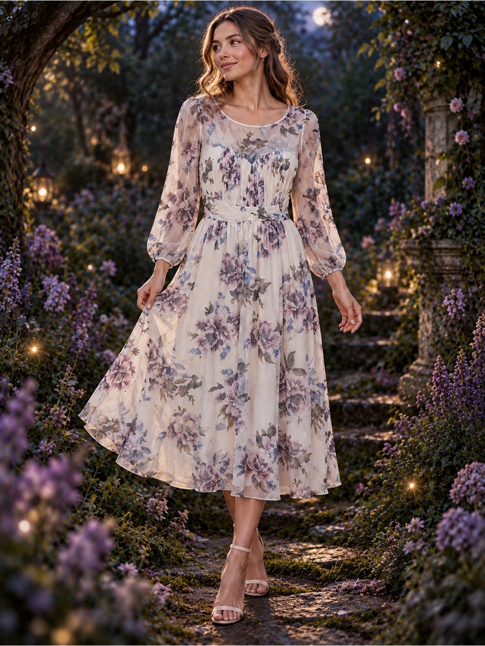 Candalite Romantic Cream Midi Dress with Lavender Floral Print Size Small